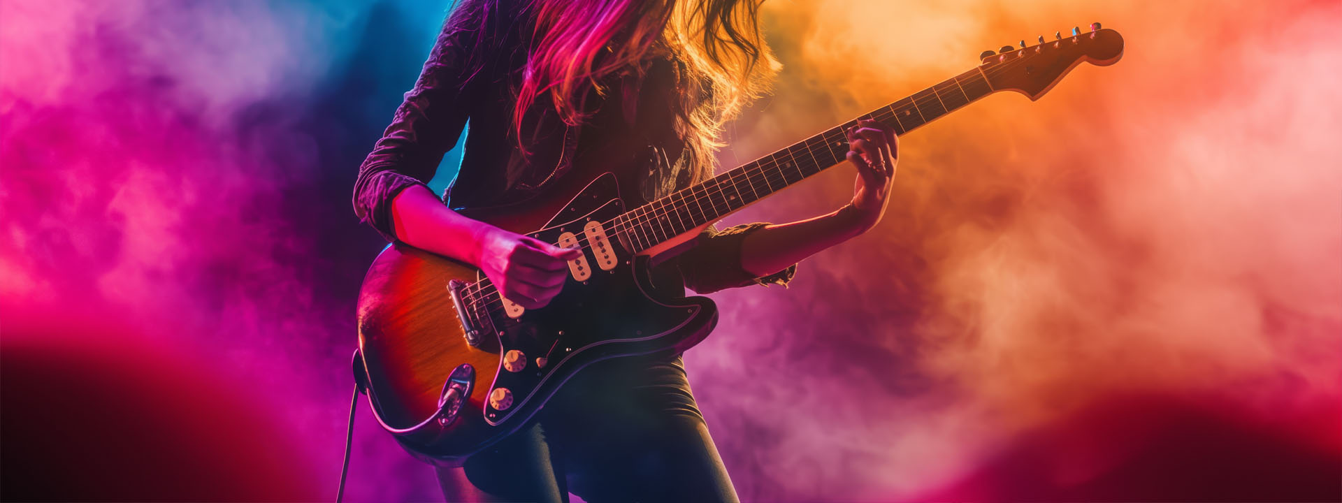 Young woman rocking out on electric guitar