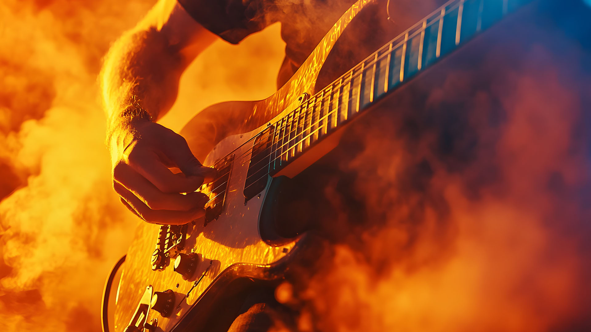 Guitar player in smoke and lights